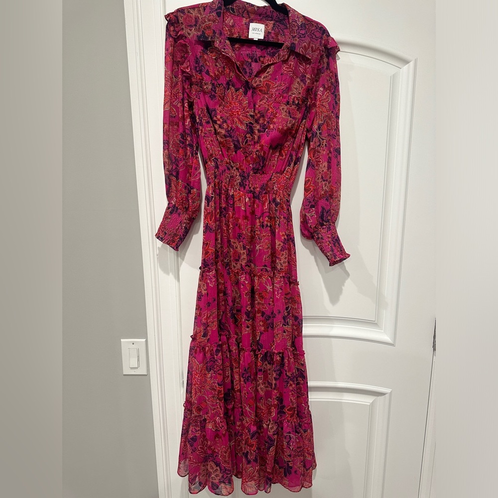 MISA Los Angeles Smocked Tiered Floral Midi Dress